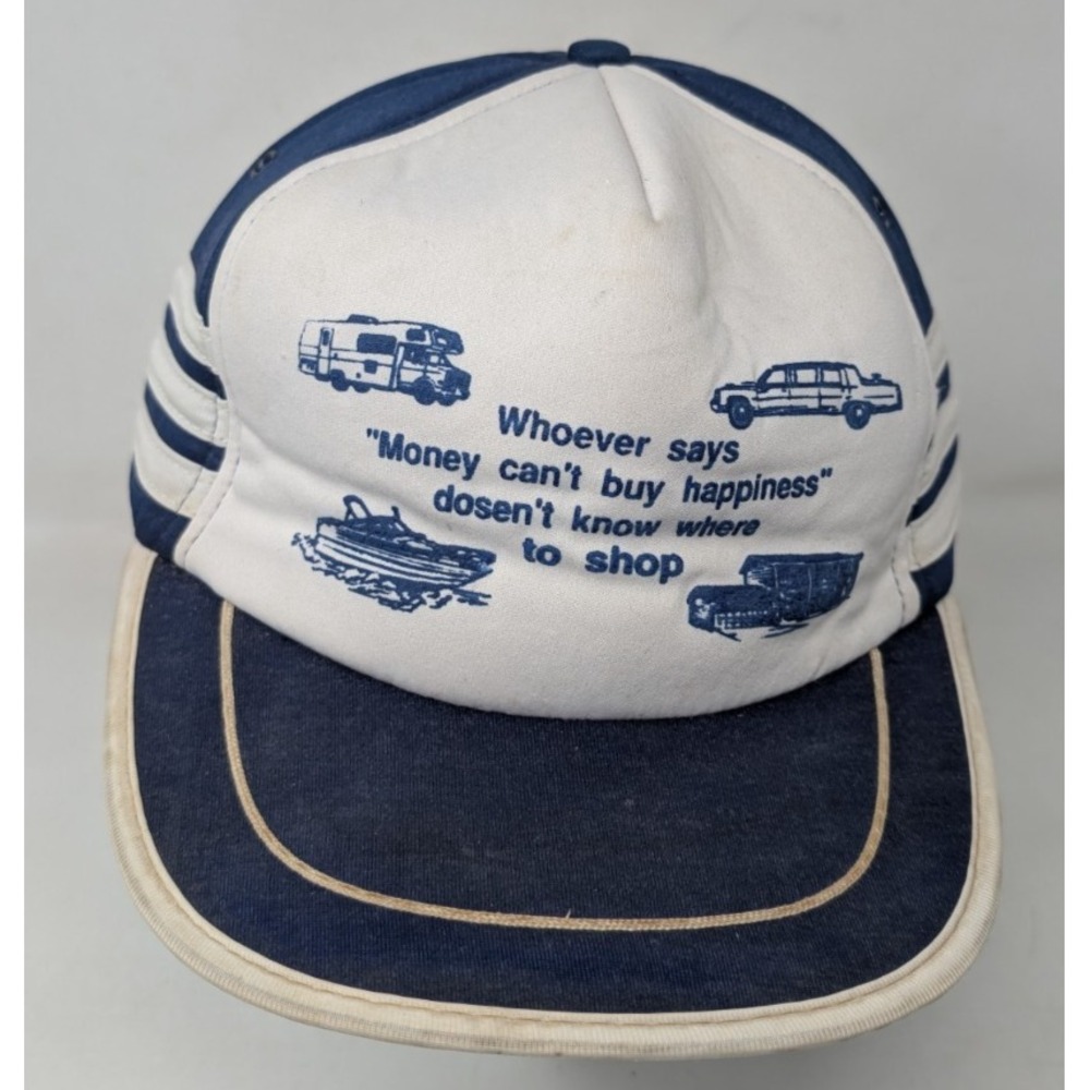 Vintage 1980s Three 3 Stripe Hat Snapback‎ Cap Funny Car RV Boat Money 80s